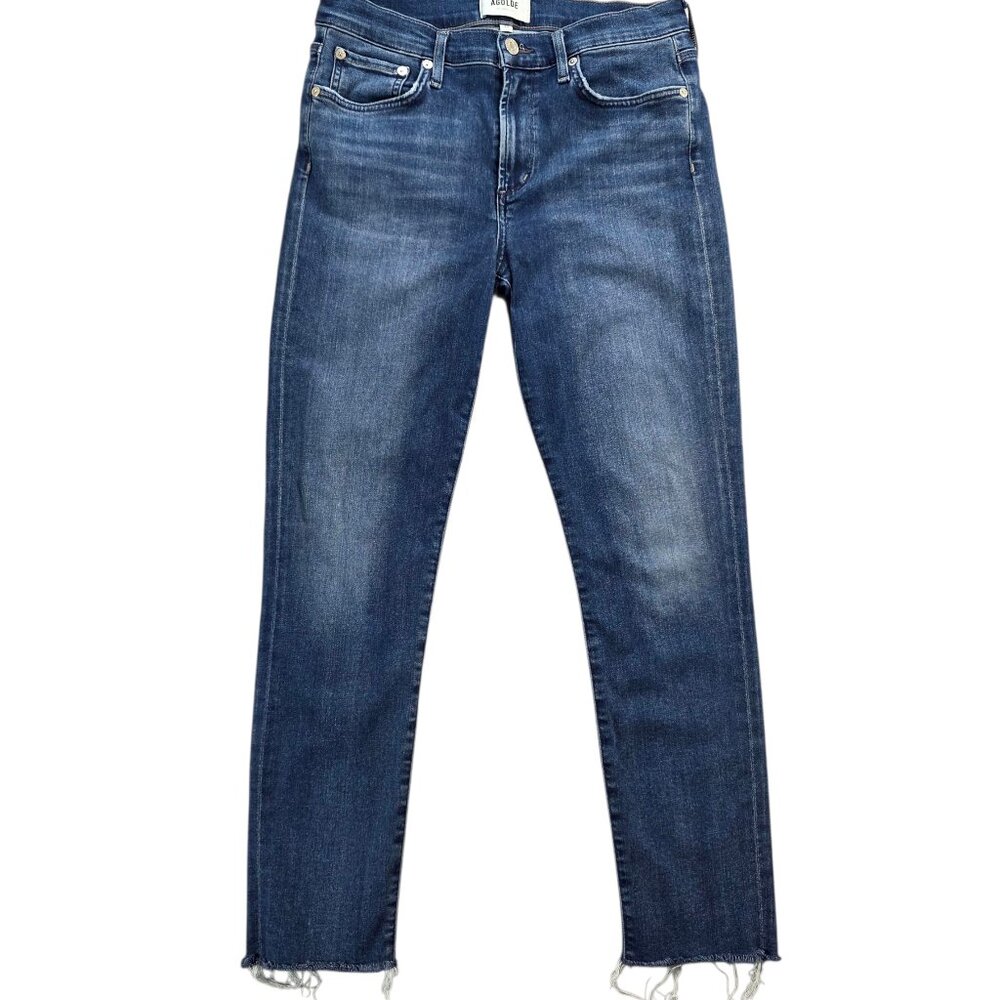 Agolde Sophie High Rise Skinny Crop Blue Jeans Fray Hem‎ Comfy Stretch Denim 29